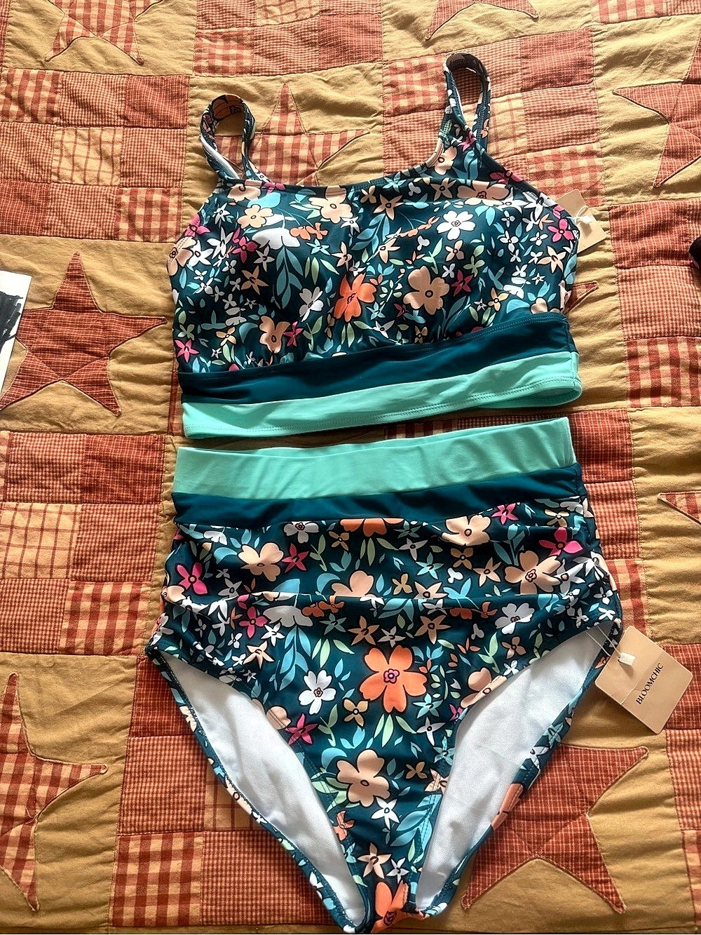 BloomChic Two-Piece Floral Print Ruched Mesh Swimsuit Blue & Green